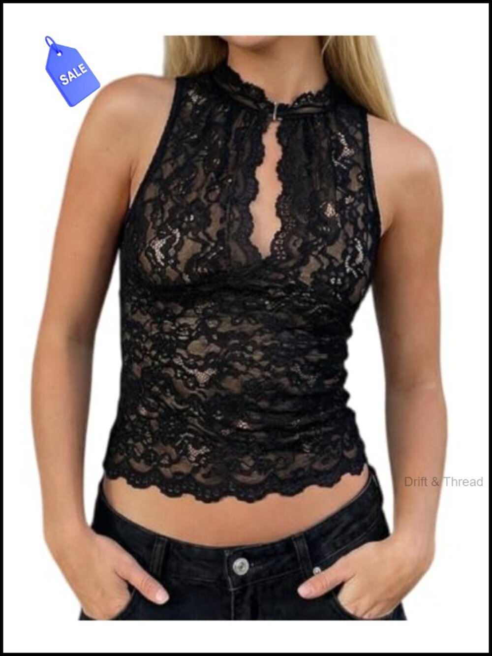 Sheer Floral Lace Crop Tank Top Y2K Mock Neck Sleeveless Hollow Out Fitted Cami